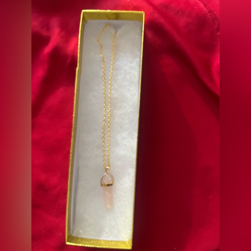 Hand Crafted Gold Necklace with Genuine Rose Quartz Pillar Pendant Handmade